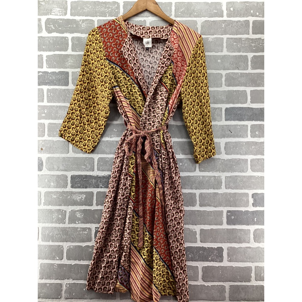 Cabi 5664 Mosaic Wrap Dress Womens S Mixed Print Boho Midi Viscose Red Yellow